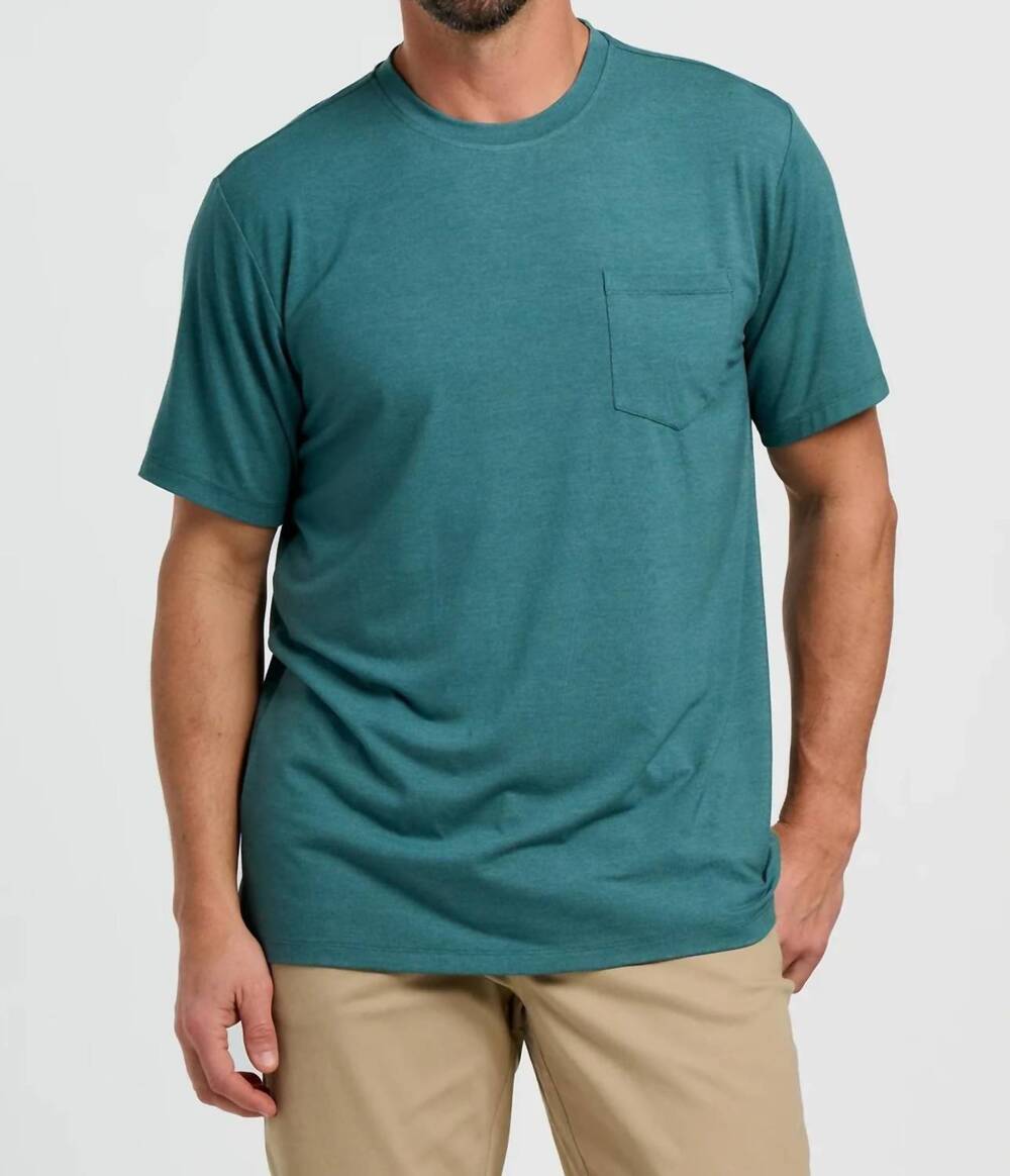 NEW FREE FLY men's bamboo flex pocket tee in heather sea pine